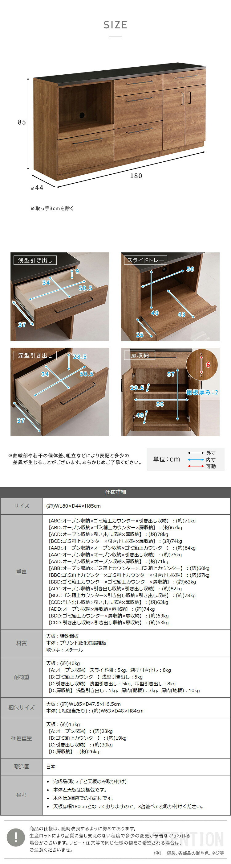 キッチンカウンター キッチン収納 日本製 特殊鋼板を使った組み合わせ 180cm オープン収納+引き出し収納+扉収納 新生活
