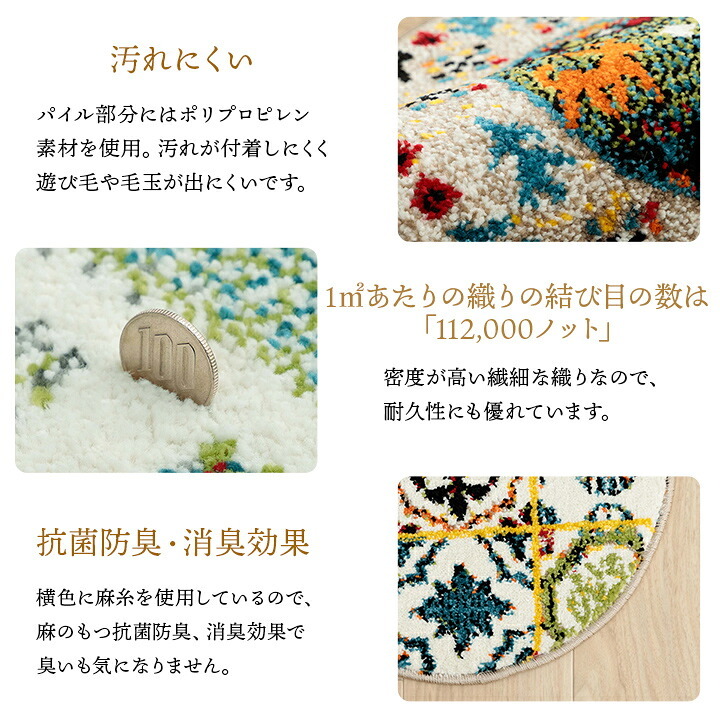 チェア 椅子 クッション パッド 薄手 ウィルトン 織り トルコ製 円形 丈夫 汚れにくい 床用 キズ防止マット ギャベ柄 モンドリアン柄 モロッコタイル柄 抗菌防臭 消臭 40cm丸 イビサ