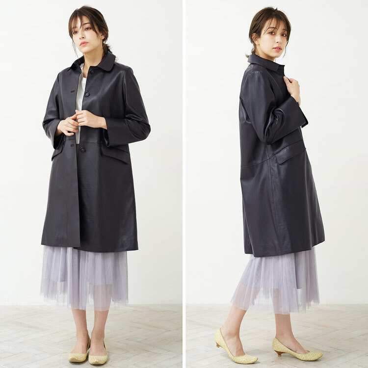 本革 レザーコート レディース ラム革 軽い 秋 ステンカラー ロングコート カジュアル アウター 革コート 女性 大人 上品 ネイビー 7号 9号 11号 13号 レザー コート ステンカラーコート 革 ギフト プレゼント 6F (04000093r)
