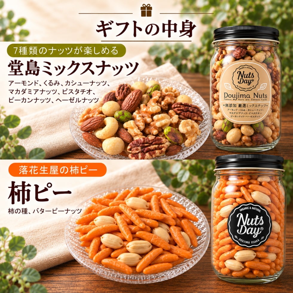 お歳暮 ギフト ナッツ お菓子 親 変わり種 おしゃれ 年配 送料無料 高級 健康食品 御中元 プレゼント ナッツ ギフト おつまみ テレビで話題！ ギフト プレゼント スイーツ 無添加・無塩のプレミアム大阪・堂島7種ミックスナッツと当店オリジナル柿の種ピーナッツのセット。北新地・百貨店でお土産に使われています。【堂島ナッツ＆柿ピー中瓶セット】