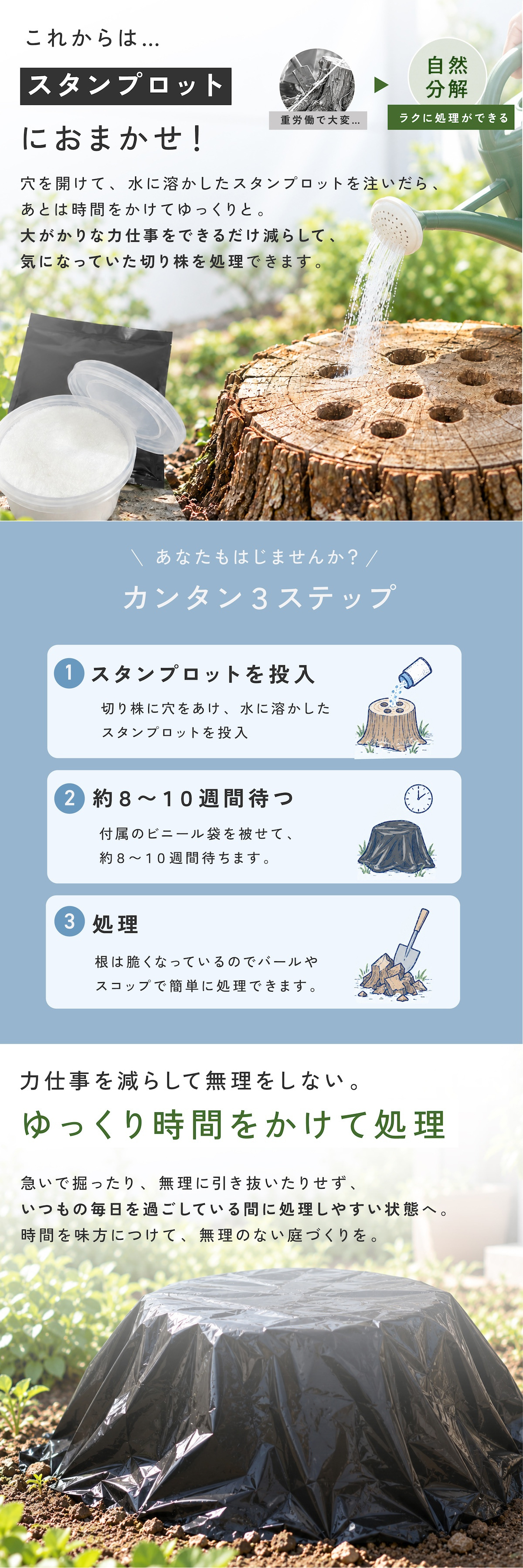 切り株処理剤 スタンプロット 400g 単品 2個セット 切り株の処理 切り株除去 繊維分解 ガーデニング 庭 手入れ 庭木 樹木 根株 木の根 除去 顆粒タイプ 水に溶ける 庭のお手入れ 枯れ木処理 園芸用品 伐採後 処理 切株処理 抜根補助 日本製