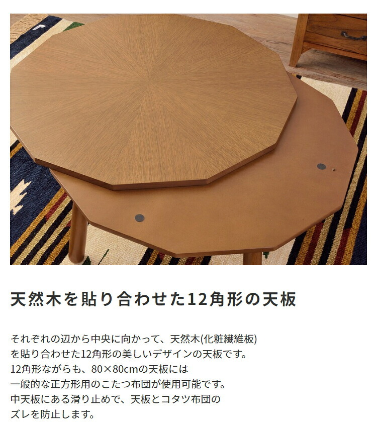 テーブル こたつ 幅80cm 80 ロー 丸 かわいい 一人暮らし 1人 2人 北欧 おしゃれ リビング 円形 多角形 変形 木製 天然木 オーク 小さめ コンパクト お洒落 一年中 石英管ヒーター モダン 新生活