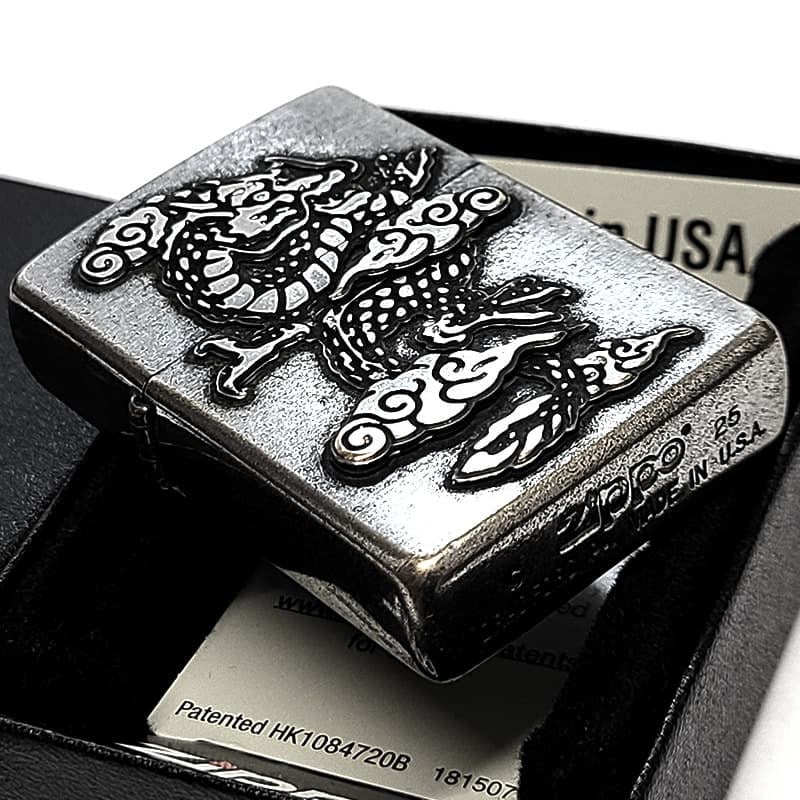 ZIPPO ライター 龍 メタル重ね貼り ドラゴン ジッポ 竜 クロームバレル アンティークシルバー 和柄 日本 おしゃれ かっこいい メンズ 渋い ギフト プレゼント