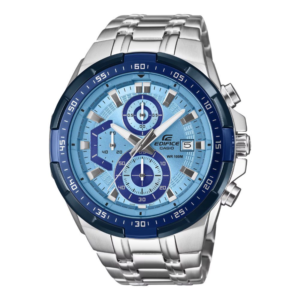 カシオ エディフィス 腕時計 メンズ ブルー シルバー クロノグラフ CASIO EDIFICE 海外モデル 100m防水 大きめ ステンレス メタル スポーツ 車 モータースポーツ おしゃれ プレゼント ギフト 成人 卒業 入学