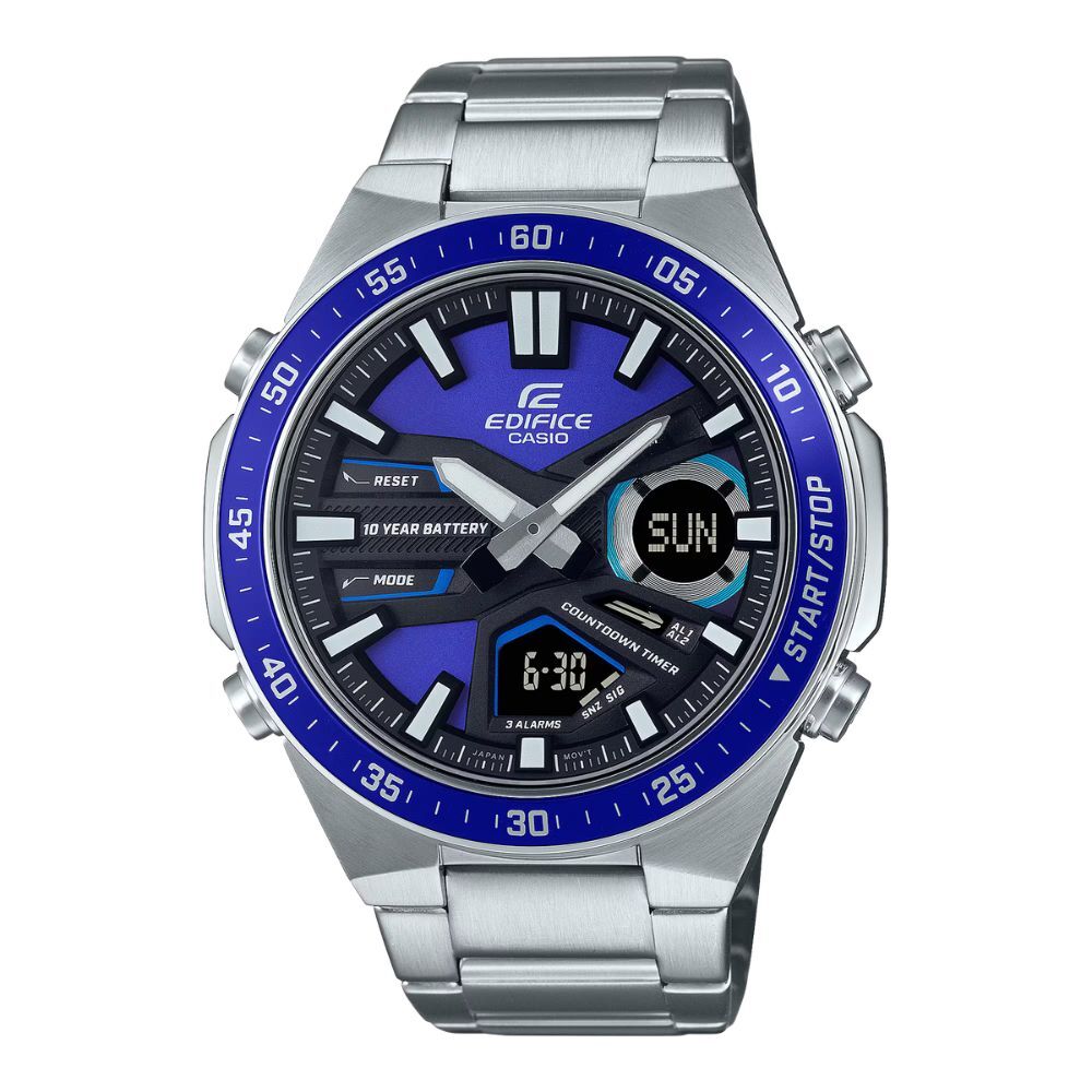 カシオ エディフィス 腕時計 メンズ ブルー シルバー アナデジ CASIO EDIFICE 海外モデル 10年電池 100m防水 ワールドタイム ストップウォッチ タイマー メタル スポーツ プレゼント ギフト 成人 卒業 入学