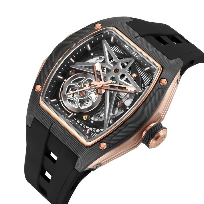 【正規品】MINBER ミンバー Star Skeleton JC9108-01 メンズ腕時計 日本製ムーヴメント 自動巻き 3気圧防水  ブラック  ラバーベルト
