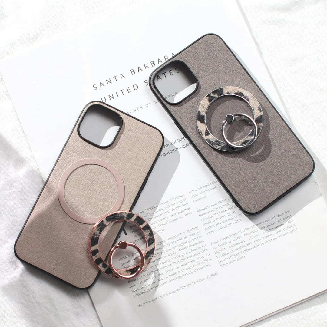 iphone16 ケース レザー リング付き iphone16e iphone16Pro iphone16Plus iphone16ProMAX 本革 マグセーフ対応 magsafe対応 16 16e 16plus 16pro 16promax アイフォン16 アイフォン16promax スマホリング リング ホルダー スタンド ヒョウ柄 レオパード柄 グレー 送料無料