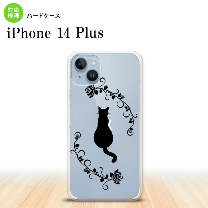 iPhone14 plsu iPhone14 plsu スマホケース 背面ケース ハードケース 猫とバラ B 黒 2022年 10月発売 nk-i14pl-1143