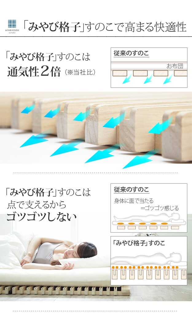 【グッドデザイン賞受賞】 すのこベッド 折りたたみ シングル 1秒で簡単布団干し!アシスト機能付き「みやび格子」すのこベッド 〔エアライズ〕 シングル 二つ折りタイプ 桐 天然木 布団干し 室内干し 省スペース 快眠 除湿 調湿 防カビ 梅雨対策 収納