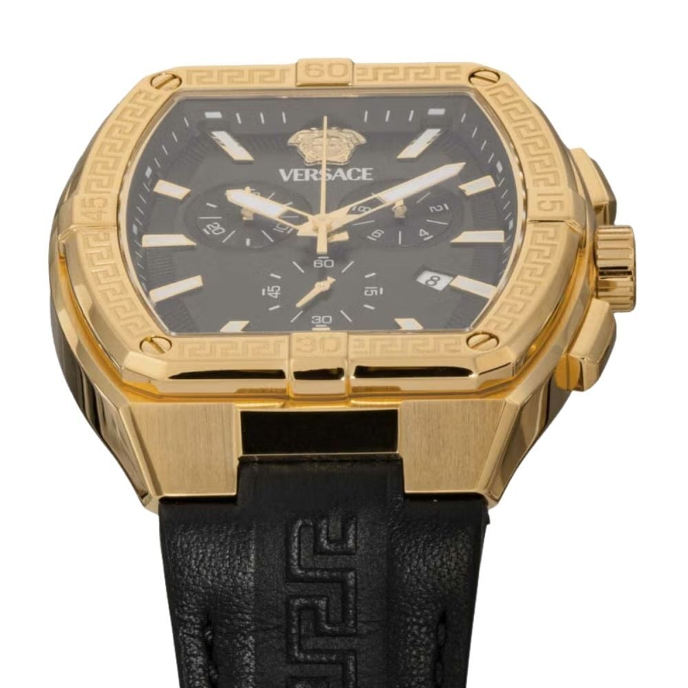 ヴェルサーチェ 腕時計 メンズ ゴールド ブラック クロノグラフ 44mm VERSACE SPORTY TONNEAU GRECA スポーティ トノー グレカ 黒 レザー 革ベルト スイス製 高級 ブランド おしゃれ プレゼント ギフト 卒業 入学 お祝い