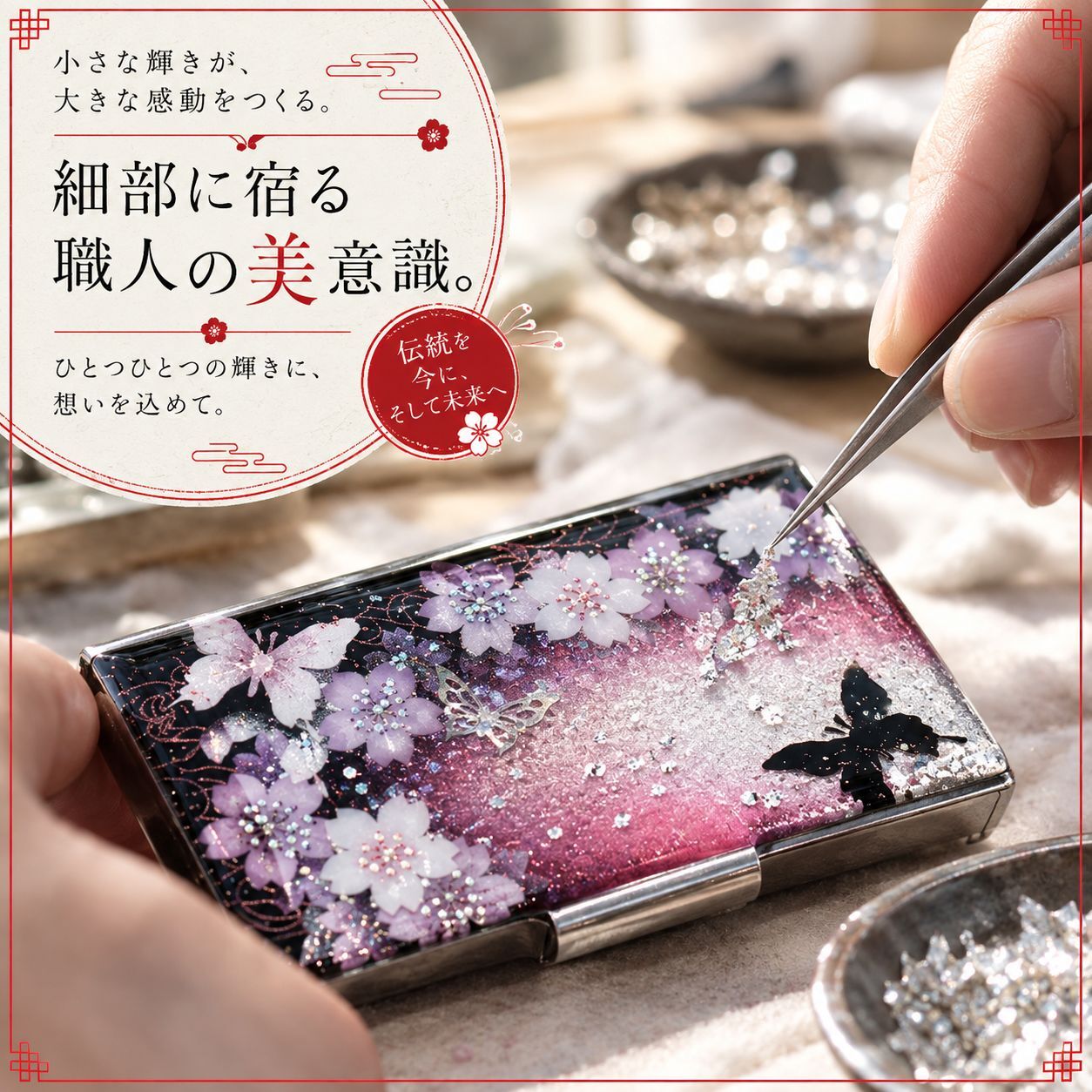 名刺入れ『値』和柄 和風 カードケース 夜桜 伝統工芸 職人 手作り 名入れ 記念日 誕生日 ギフト 送料無料 和風 ハンドメイド 立体彩色 螺鈿風 20代 40代 50代 プレゼント お祝い 還暦 退職 卒業