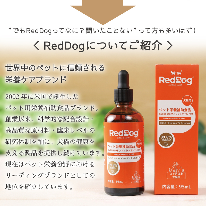 【RedDog】OMEGA 998 フィッシュオイル　95ml　魚油　フィッシュオイル　99.8％高純度フィッシュオイル　3ヶ月以上の犬猫用　ダブル魚油配合　TG型天然分子構造　低臭精製技術　便利なスポイト式　犬猫の健康を支える
