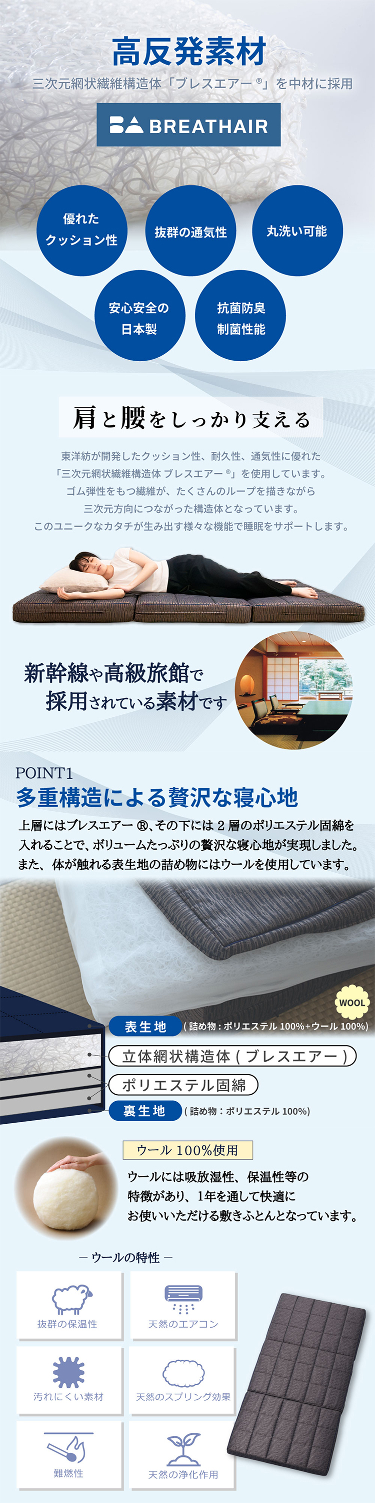 【レビュー特典付 枕カバー】丸八真綿 三つ折り 多重層 ホテル・旅館で大人気！ 羊毛 ブレスエアー 敷布団 シングル マット ベッド 敷き 日本製 夏  除湿 袋 腰 羊毛敷布団  旅館 愛用 厚い 厚手 おすすめ 人気  寝具 ふかふか 厚め 至福の眠り マルハチ 丸八布団 送料無料