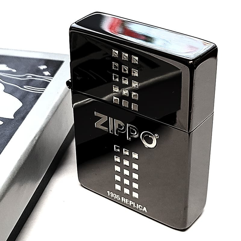 ZIPPO 1935 ジッポ ライター ロゴ ブラックニッケル 黒 角型 外ヒンジ 3バレル エッチング彫刻 銀差し シンプル かっこいい 高級 ギフト メンズ プレゼント