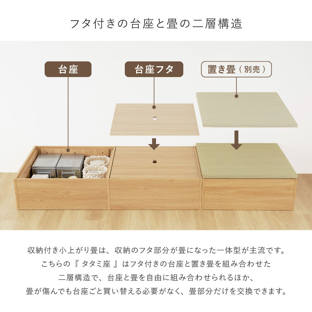 小上がり畳 タタミ座 台座のみ 収納付き 正方形 幅65cm 長方形 幅130cm 奥行65cm 高さ24cm 畳別売 置き畳対応 ベンチ 大容量収納 リビング 和室 洋室 組立式 ブラック ブラウン ナチュラル 3色 畳収納 小物収納 省スペース