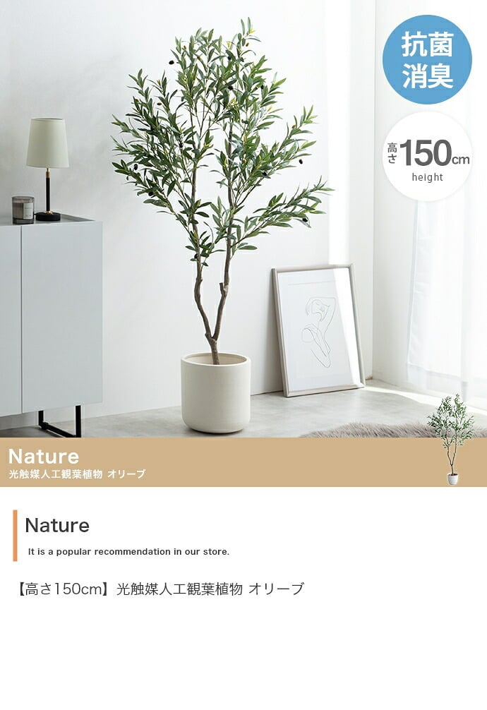 照明 ライト ナチュレ 観葉植物 オリーブ フェイクグリーン 人工 室内 リビング オフィス 一人暮らし 緑 光触媒 空気清浄 消臭 抗菌 防汚 ホルムアルデヒド分解 高さ150cm 造花 おしゃれ 植木 鉢植え 観賞用 グリーン