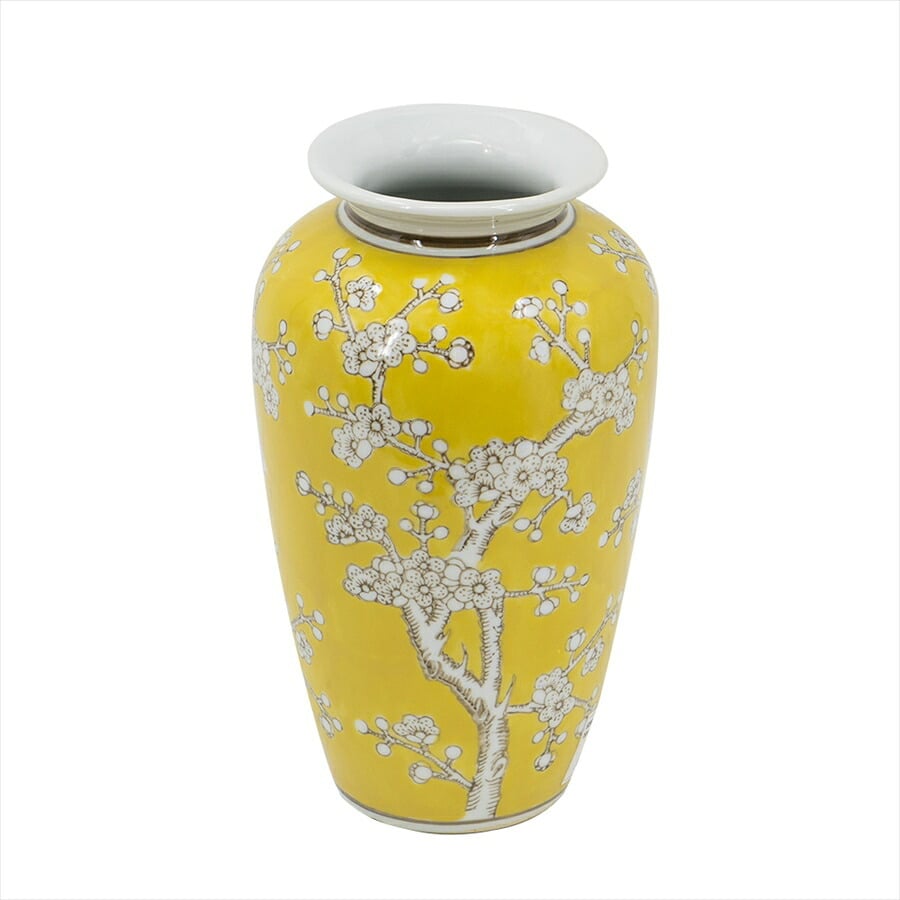 シノワズリ 壺 高さ27cm 縦型 イエロー 磁器 ジャー 花びん 花瓶 花器 ディスプレイ 置物 風水 開運