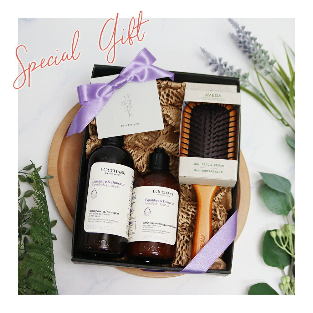ロクシタン バランシング シャンプー 300mL コンディショナー 250mL アヴェダ AVEDA ミニパドルブラシ 3点セット 地肌ケア ヘアケア ツヤ髪 ダメージ補修 人気ブランド 正規品 ギフト プレゼント 贈り物 女性 男性 誕生日 記念日