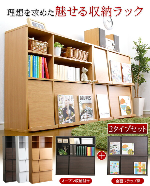 収納家具 ラック 魅せて隠す収納 ディスプレイ GR-FR-2P--WH ホワイト ホームテイスト リビング 本棚書棚 2個セット フラップ扉収納