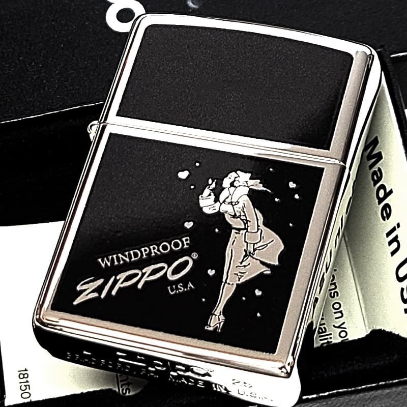 ZIPPO ウインディハート ブラック×シルバー ジッポ かっこいい ライター 鏡面 メンズ Windy おしゃれ 両面プリント加工 ギフト 銀 黒 ウインディHeart プレゼント オイルライター メンズ レディース