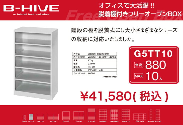 脱着棚付きフリーオープンボックス 10人用 10足用 G5TT10 B-HIVE 業務用下駄箱 シューズボックス 収納棚 送料無料 本州・四国・九州に限り