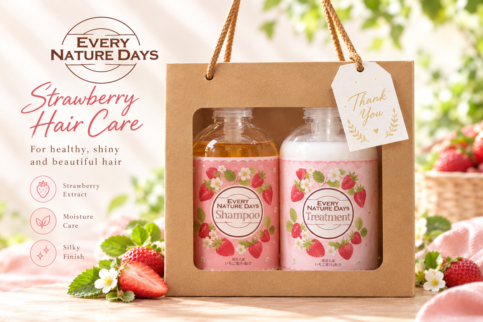 EVERY NATURE DAYS イチゴシャンプー トリートメント セット 国産いちご果汁を配合 生しぼりの海老名いちご果汁〈保湿作用〉を配合。 自然の恵みで髪をうるおいで満たします。