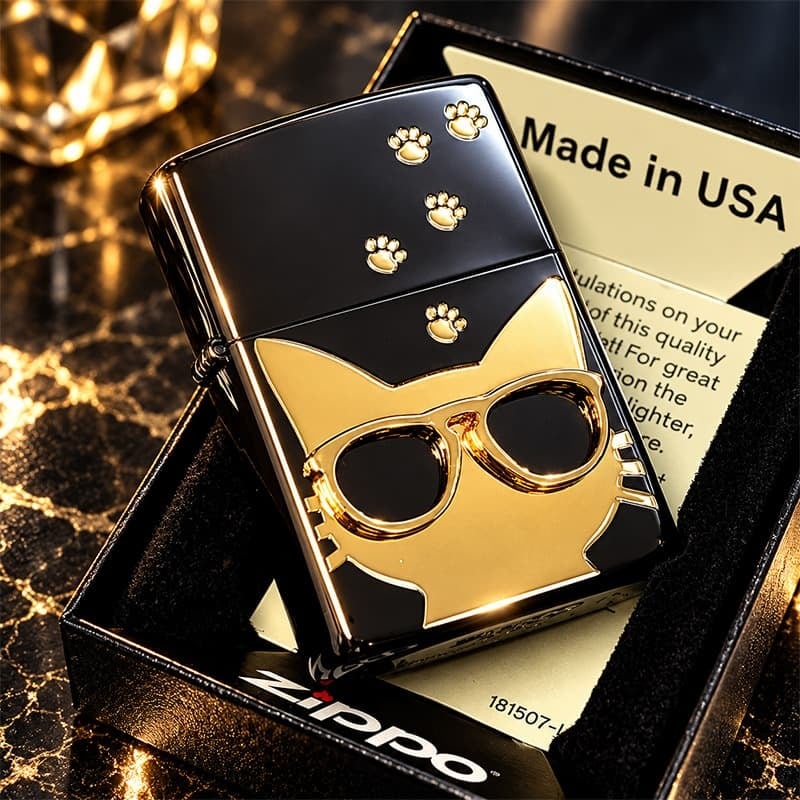 ZIPPO 猫 ライター サングラス 可愛い ジッポ ネコ ユニーク 足跡 ブラックニッケル キャット メタル貼り かわいい ねこ 金差し ゴールド レディース ギフト メンズ 女性 プレゼント