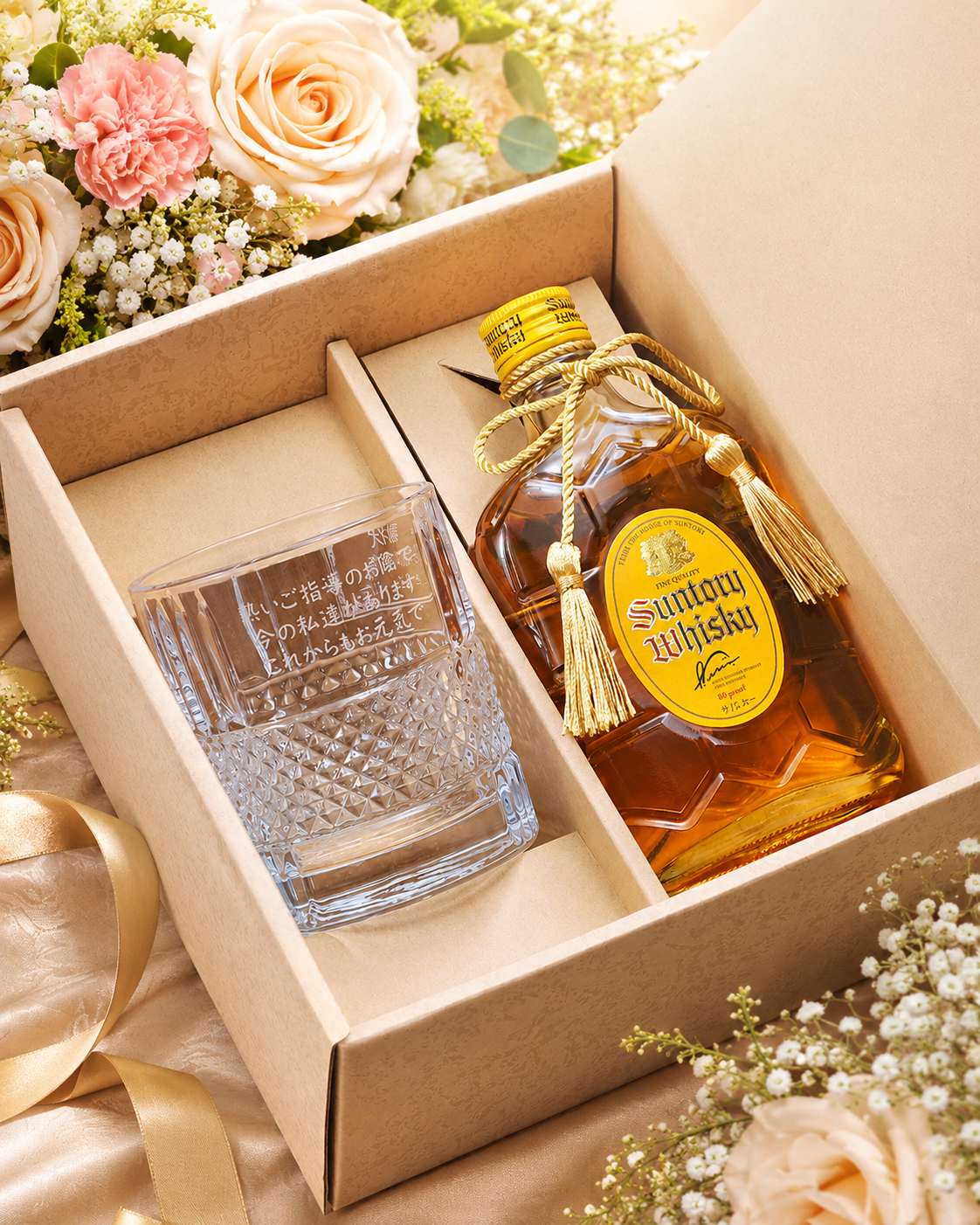 敬老の日 名入れ ギフト SXX 酒セット ウイスキー サントリーウイスキー角瓶 180ml & ダイヤプリズムロックグラス タッセル紐付 ギフトBOX入り / プレゼント ギフト 退職 記念 誕生日 還暦 古希 喜寿 傘寿 米寿 緑寿 早寿 長寿 祝い