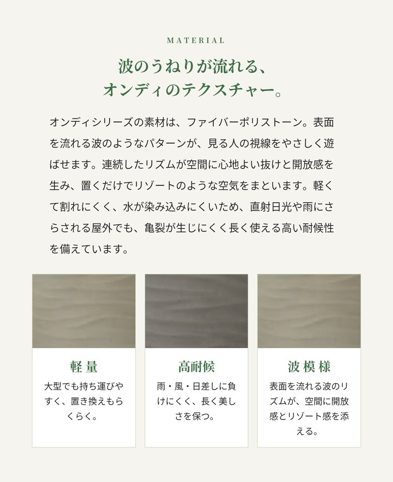 植木鉢 おしゃれ 大型 16号 11号 丸 ラウンド 波模様 ウェーブ KONTON オンディ ミドル ファイバーポリストーン 軽量 底穴あり 屋外 M L グレー サンドベージュ 観葉植物 多肉植物 シンボルツリー 北欧 ナチュラル モダン プランター ベランダ 玄関