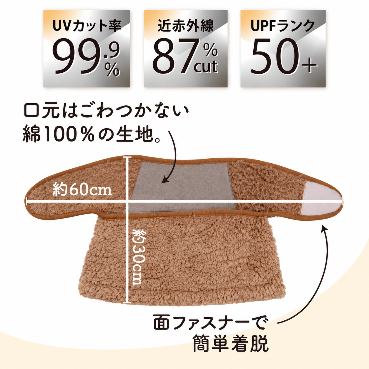 極暖 フェイスウォーマー レディース ネックウォーマー フェイスカバー 冬用 UVカット 99.9% 近赤外線カット 87% UPF50+ 防寒 暖か ふわふわ ボア 口元綿100% 後髪が出せる面ファスナー 着脱簡単
