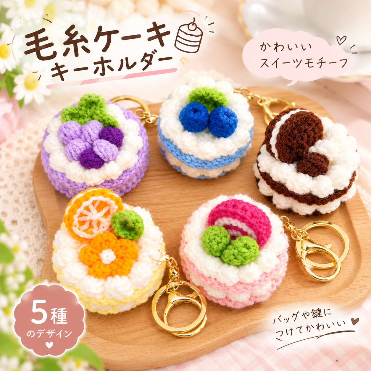毛糸ケーキ キーホルダー 手編み風 5種類 ニット バッグチャーム かわいい スイーツ モチーフ 飾り 小物 アクセサリー 誕生日 プレゼント ギフト