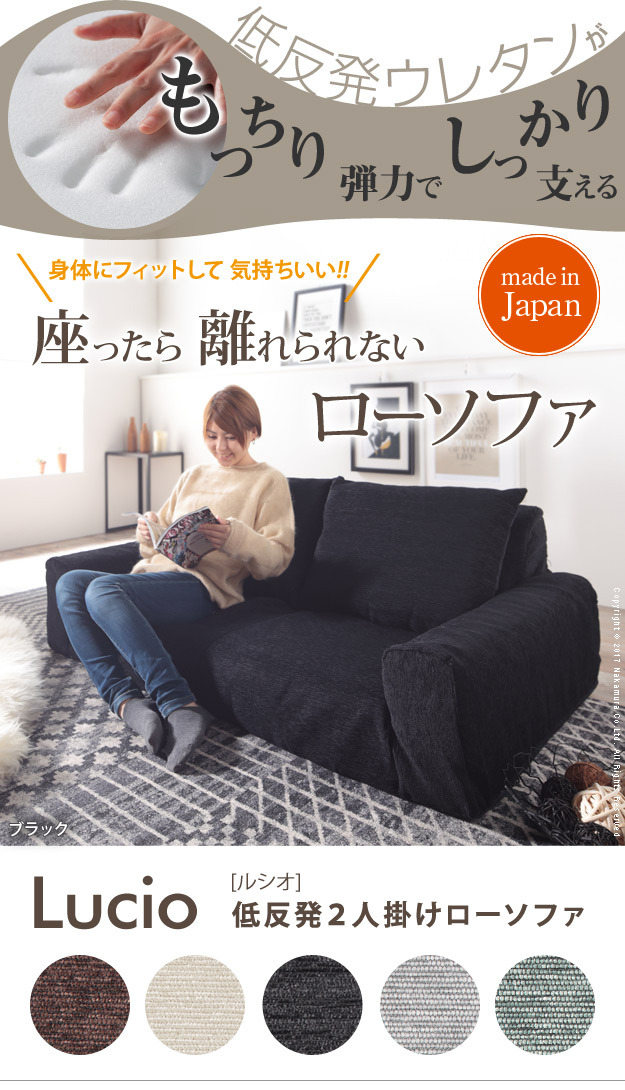 フロアソファー 二人掛け 低反発 低反発2人掛けローソファー〔ルシオ〕 ローソファー カウチソファー 肘付き こたつ 一人暮らし クッション付 ファブリック 国産 日本製 座椅子 コンパクト かわいい おしゃれ 新生活 テレワーク 在宅ワーク