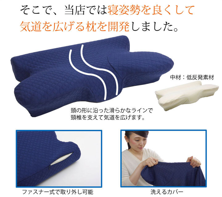 ピロー 枕 洗える 低反発 いびき解消 約64×35 いびき軽減できる低反発枕 ポリエステル ウレタン まくら 枕寝具 寝具用品 寝室用 寝室用品 インテリア ウレタンフォーム 手洗い ネイビー