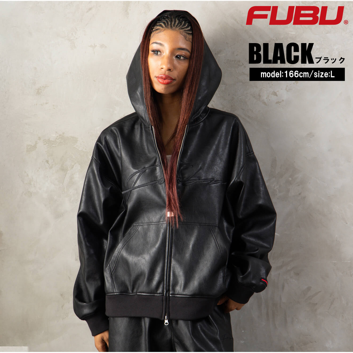FUBU フブ レザージャケット メンズ レディース fam-62300 フェイクレザー ジップ フーディー パーカー ブルゾン 合皮 スクリプトロゴ 刺繍 ビッグシルエット ストリート ヒップホップ ダンス カジュアル M L XL XXL 2026FW Karlas