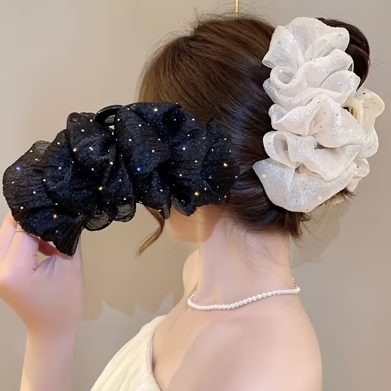 ヘアクリップ しっかり留まる シュシュ シフォン バンスクリップ 髪留め ロングヘア 大 バレッタ バンス ヘアアクセサリー 大人 シンプル 大きい おしゃれ かわいい ホワイト ブラック トレンド ガーリー 落ちにくい 大きめ ボリューム