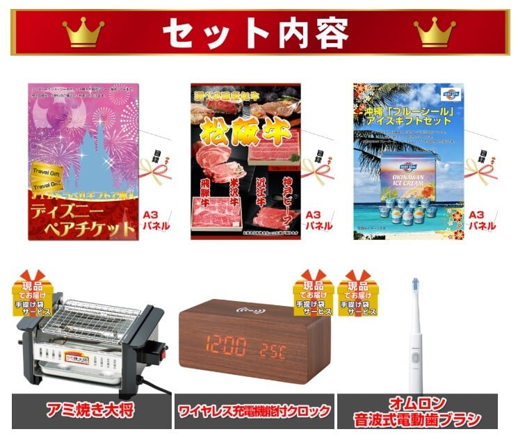 ビンゴ・二次会の景品はお任せ ゴルフコンペ 景品 セット 目録 ディズニーペアチケット人気パネル景品３枚＆現品１０点セットA 景品パネル＆引換券付き目録 15268 ビンゴ 二次会 イベント 抽選会