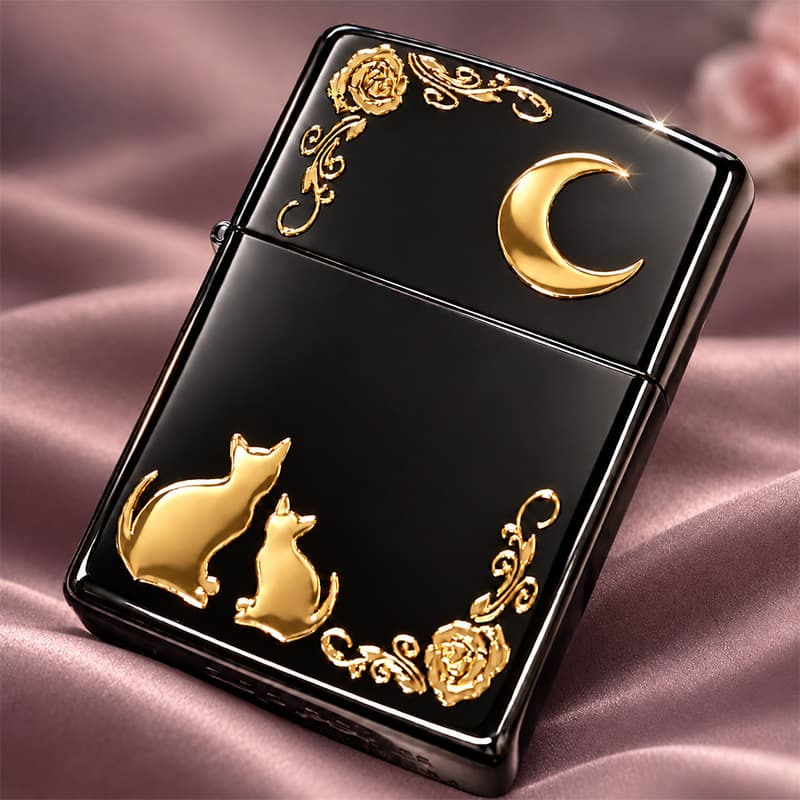 ZIPPO ライター ネコ ブラック ゴールド ジッポ 猫 可愛い 黒金 月 薔薇 女性 レディース ねこ かわいい おしゃれ バラ ギフト プレゼント