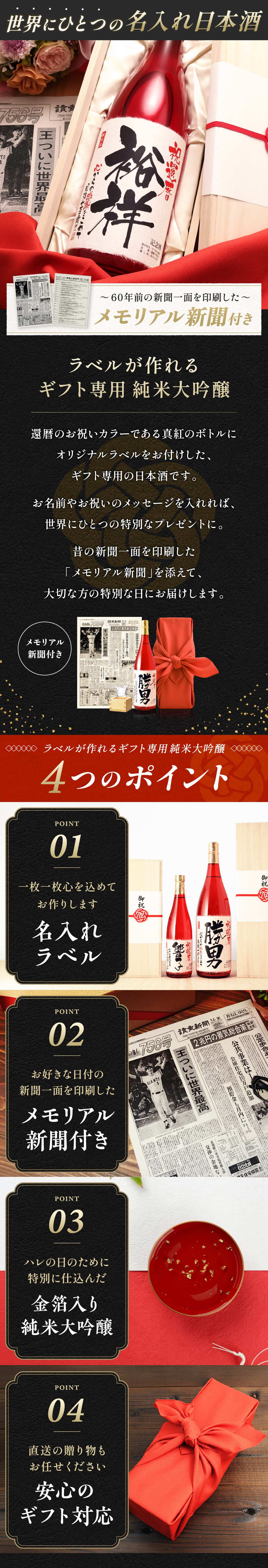 還暦 赤いもの 60歳の新聞付き 名入れ 贈り物 男性 上司 敬老の日 誕生日 ギフト 即日発送 赤色  【真紅】1800ml ちゃんちゃんこ付き 日本酒