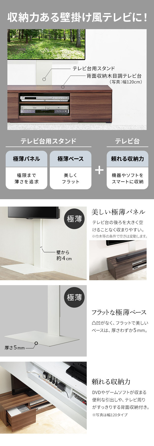 WALLインテリアテレビスタンド テレビ台用スタンド 背面収納木目調テレビ台セット幅150cm 32~65v対応 壁掛け風 壁寄せテレビ台 TVスタンド テレビボード リビングボード ローボード 背面収納 ホワイト 白 ウォールナット 茶 テレビラック 新生活