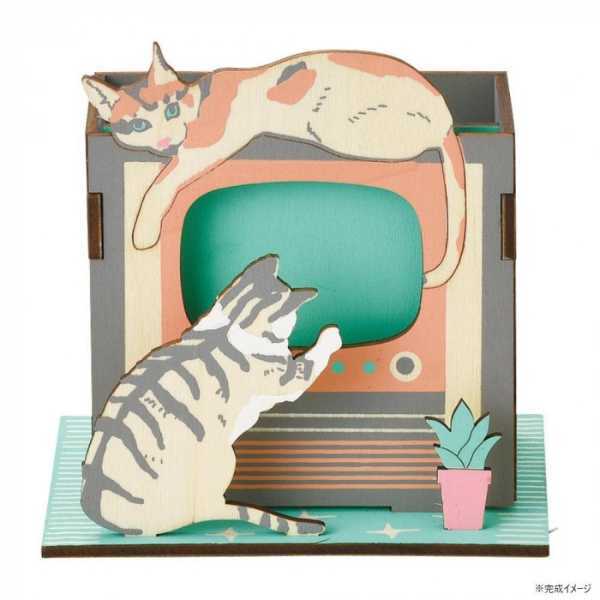 ペンスタンド 木製 パズル 猫 テレビ型 デスク収納 おしゃれ 卓上 小物入れ 組立式 インテリア 雑貨 文房具 収納 可愛い プレゼント ギフト セトクラフト