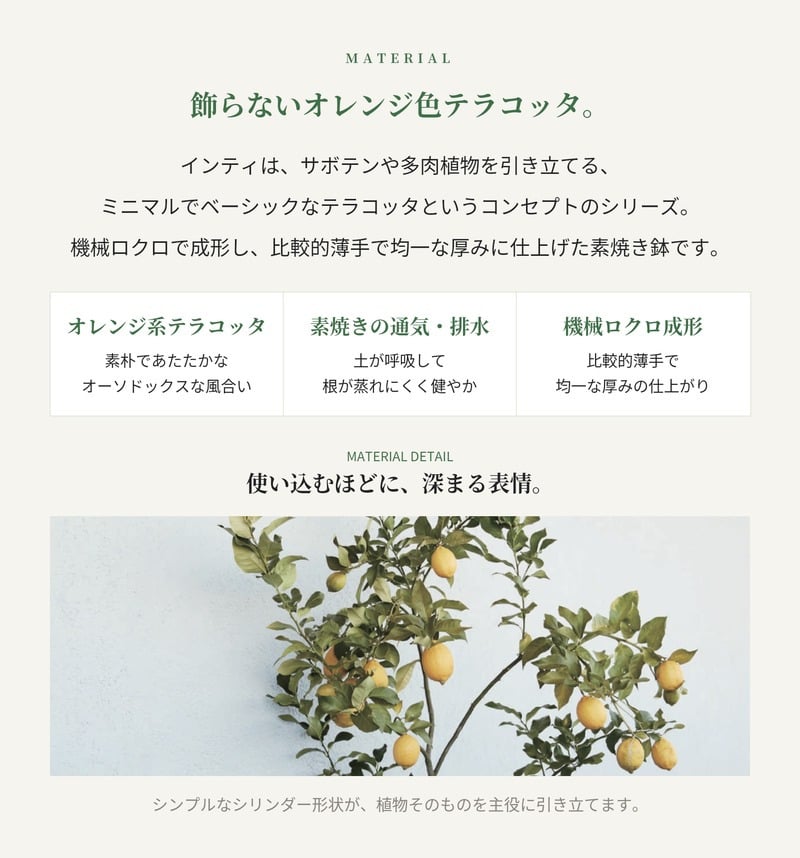 植木鉢 おしゃれ 大型 テラコッタ 素焼き シリンダー KONTON コントン インティ IN-002T XXL XL L M S XS 約16号 15号 約12号 約10号 約8号 7号 底穴あり 屋外 テラス 庭 玄関 観葉植物 多肉植物 サボテン シンボルツリー オリーブ ハーブ 果樹 北欧 ナチュラル シンプル