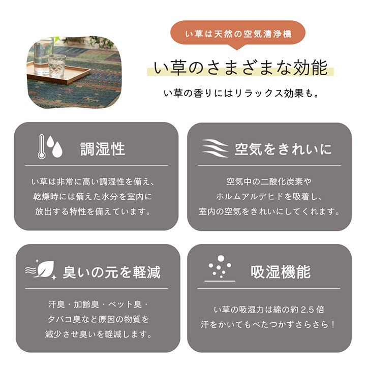夏ラグ 夏用カーペット ラグ い草 ギャベ 自然素材 抗菌防臭 滑り止め不織布 約191×191cm