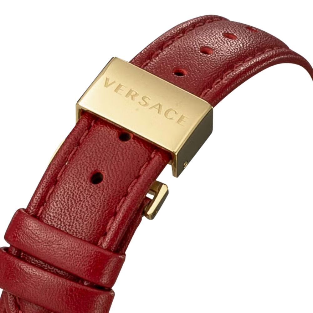 ヴェルサーチェ 腕時計 レディース レッド ゴールド 34mm VERSACE PALAZZO EMPIRE パラッツォ エンパイア 立体 メデューサ 赤 レザー 革ベルト スイス製 高級 ブランド おしゃれ プレゼント ギフト 卒業 入学 お祝い