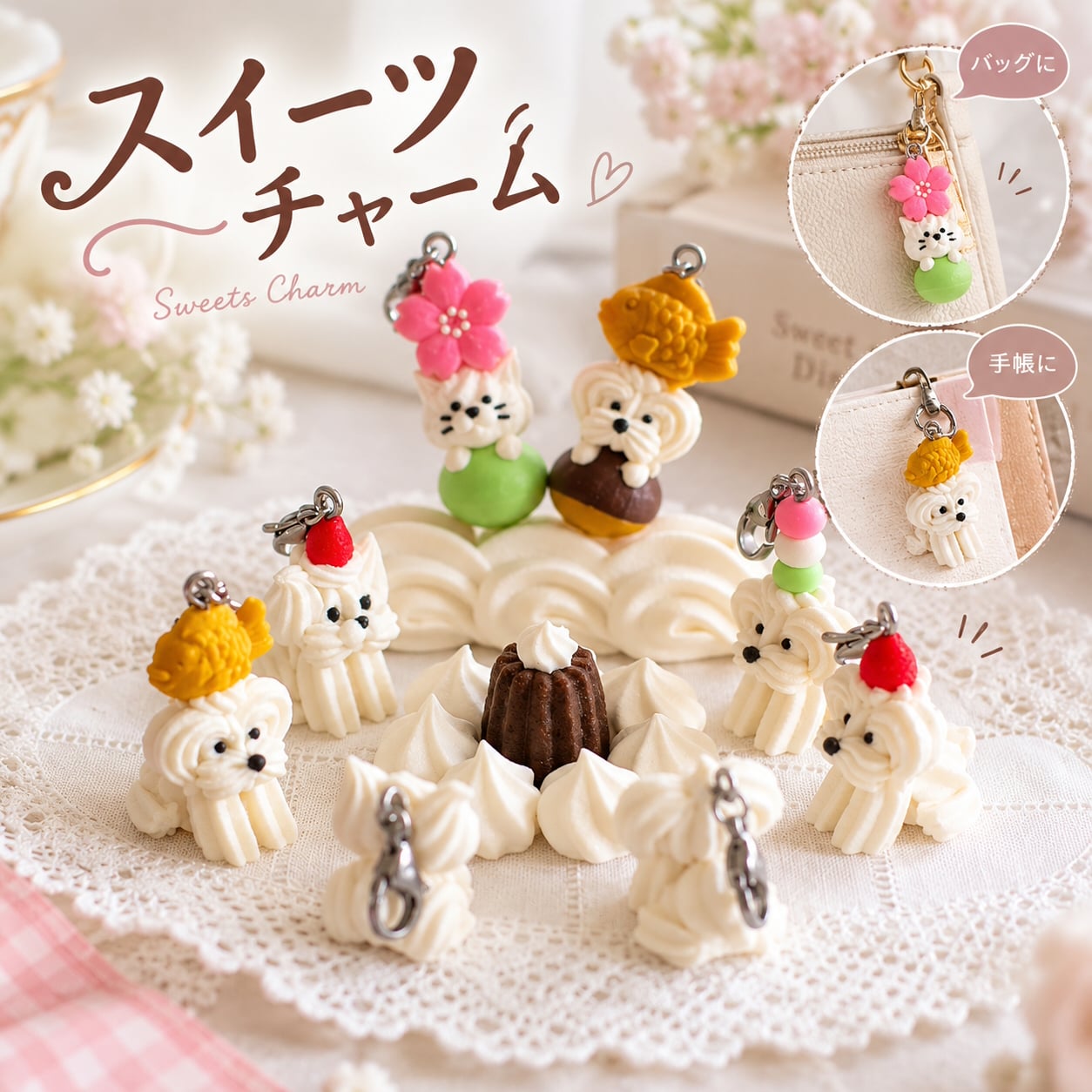 チャーム カヌレ たい焼き 団子 猫 犬 スイーツ チャーム キーホルダー ファスナー 手帳 かわいい 生クリーム 飾り ミニチュア 雑貨 ギフト プレゼント