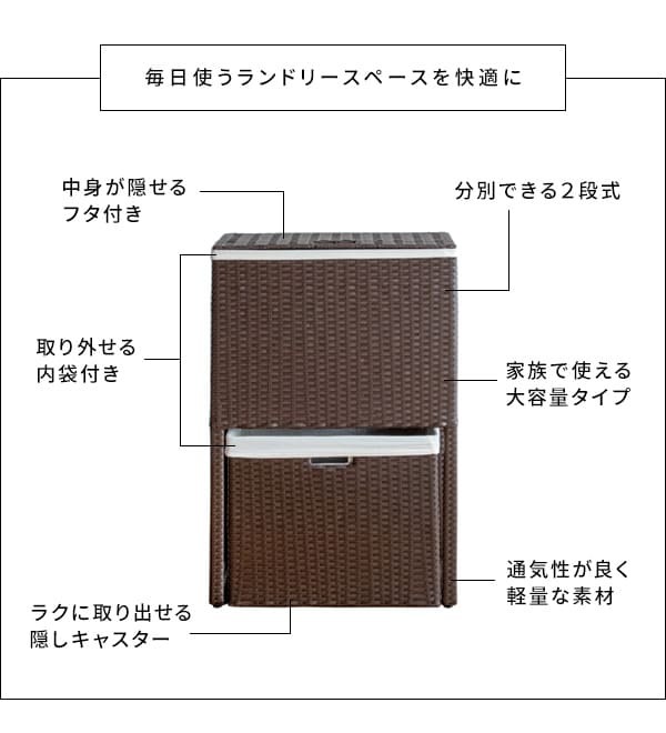 収納家具 ラック ランドリーボックス 収納 上下 2段 洗濯かご カゴ バスケット RB-500 スリム 縦型二段式 ラタン 軽量 キャスター付き フタ付 ふた付き 洗濯物入れ おしゃれ 分別 ランドリーバスケット 大容量 脱衣カゴ ランドリー収納