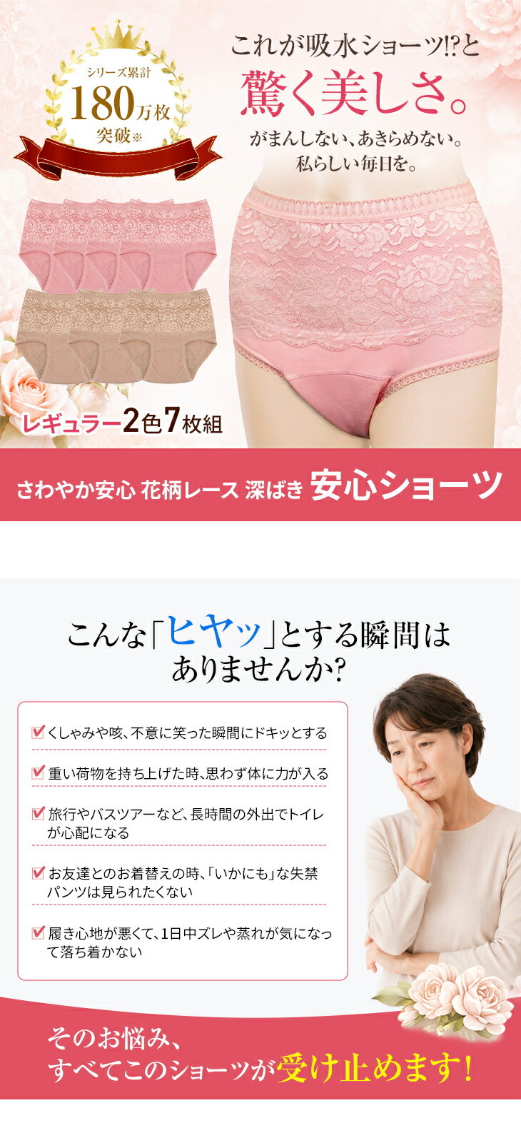 さわやか安心花柄レース深ばき安心ショーツ 2色7枚組 レギュラー用 M～LL
