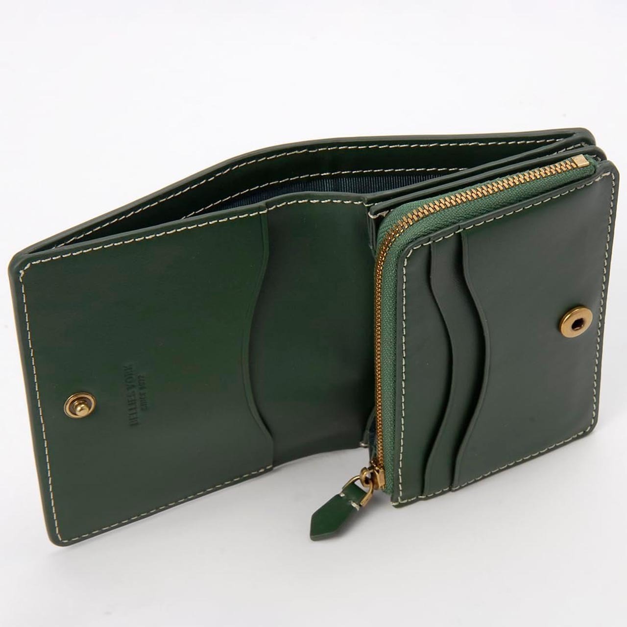 ベリーズヨーク　BELLIES YORK　コンパクト財布　二つ折り財布　BYTM1916GR　グリーン　緑色　ベジタブルタンニン　イタリアンレザー　牛革　”エイジングを楽しむ革小物”