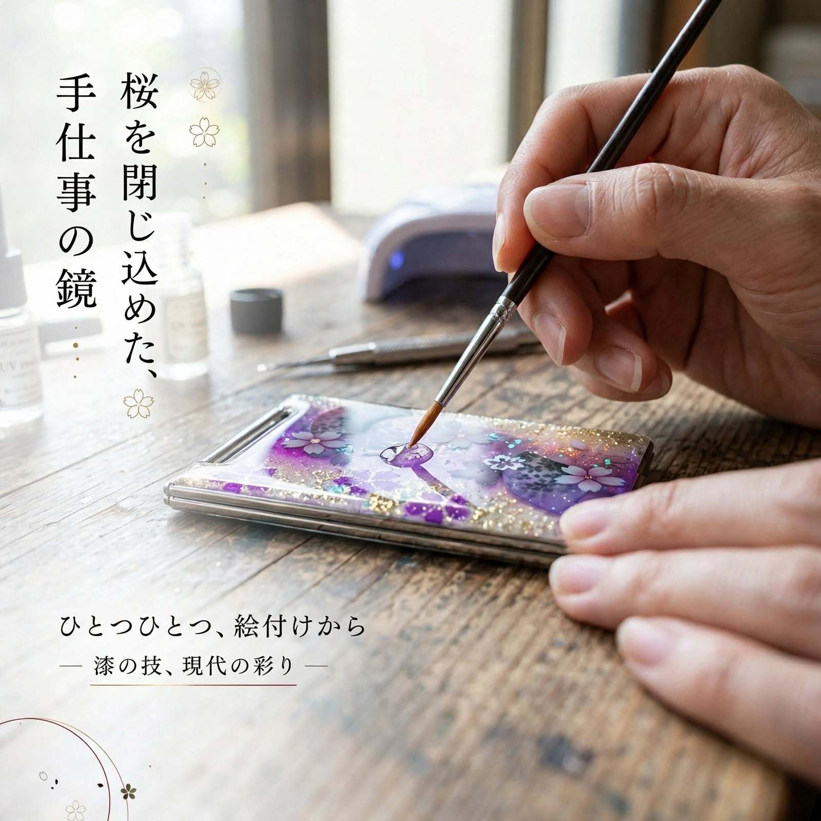 コンパクトミラー『湯』名入れ 送料無料 和柄 和風 和モダン 和雑貨 和小物 手鏡 折りたたみ 桜 伝統工芸 職人 手作り ハンドメイド 記念日 プレゼント ギフト クリスマス