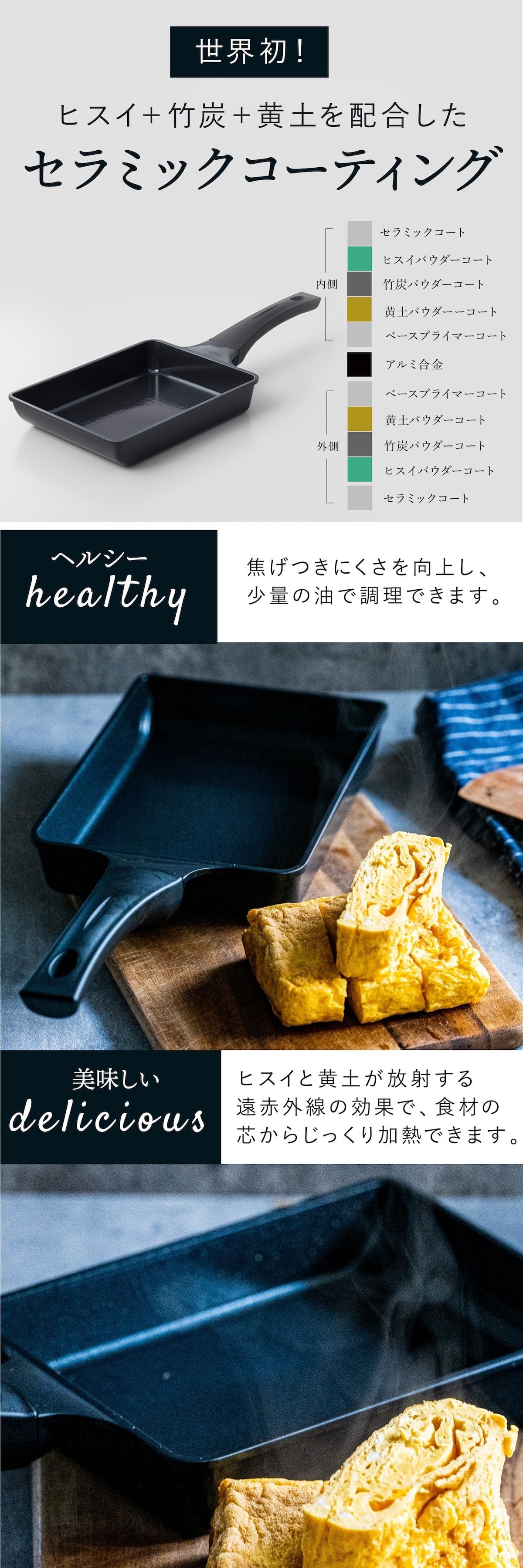 エッグパン ヒスイフライパン クアッドコーティング 卵焼き器 玉子焼き フライパン 14×19cm セラミックコーティング PFASフリー ヒスイ 竹炭 黄土 エンボス加工 焦げ付きにくい 軽量 IH対応 ガス火対応 オール熱源対応 朝食 お弁当 おしゃれ 調理器具 キッチン用品 新生活 結婚祝い プレゼント ギフト アピデ