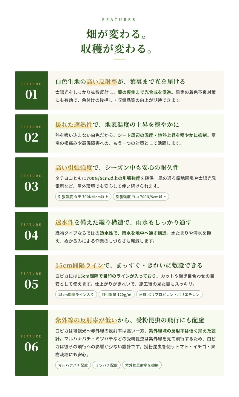 ルンルンシート 白ピカ 防草シート 白色 100m 反射シート 雑草対策 太陽光反射 光合成促進 地表温度抑制 透水性 幅50/75/100/150/200/300/400cm 7サイズ展開 農業マルチング ビニールハウス 家庭菜園 畑 法面 太陽光発電 ポリプロピレン 耐用3-5年 業務用 特許取得